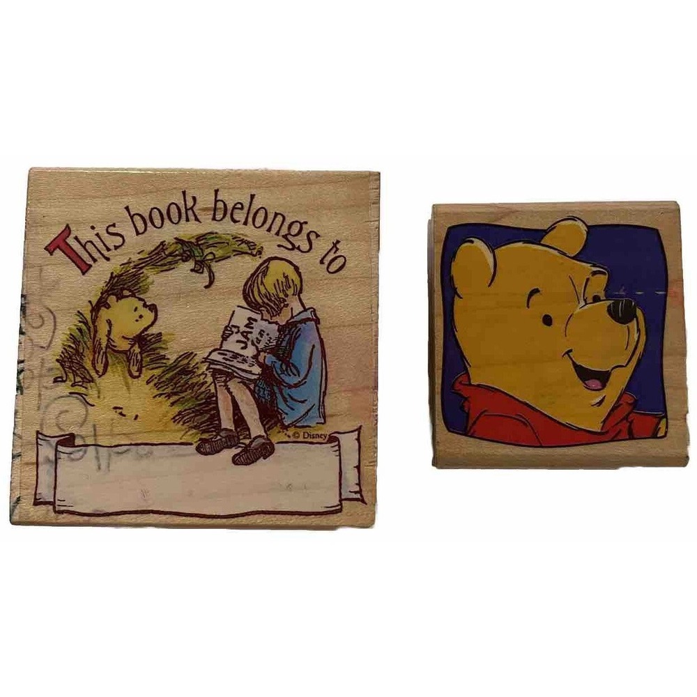 DISNEY Pooh Bookplate 704F & Rubber Stampede Pooh Portrait Wood Rubber Stamp Lot